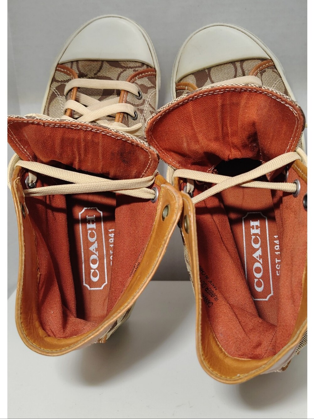 COACH 'Bianca' Women's Hi-Top Fashion Sneakers - Brown & Tan w/Brown Trim - 8 - Picture 5 of 7